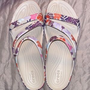 CROCS Women's Floral Sandals - Cream and Purple